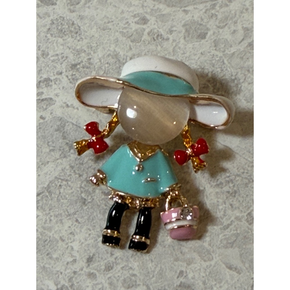 Vintage Style Enamel Little Girl Brooch Pendant Gold Tone Teal Pink Whimsical